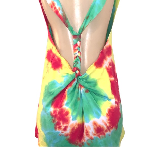 Deconstructed Tie Dye Handmade Hippie Braided Back Open Edge Tank Top - Picture 3 of 4